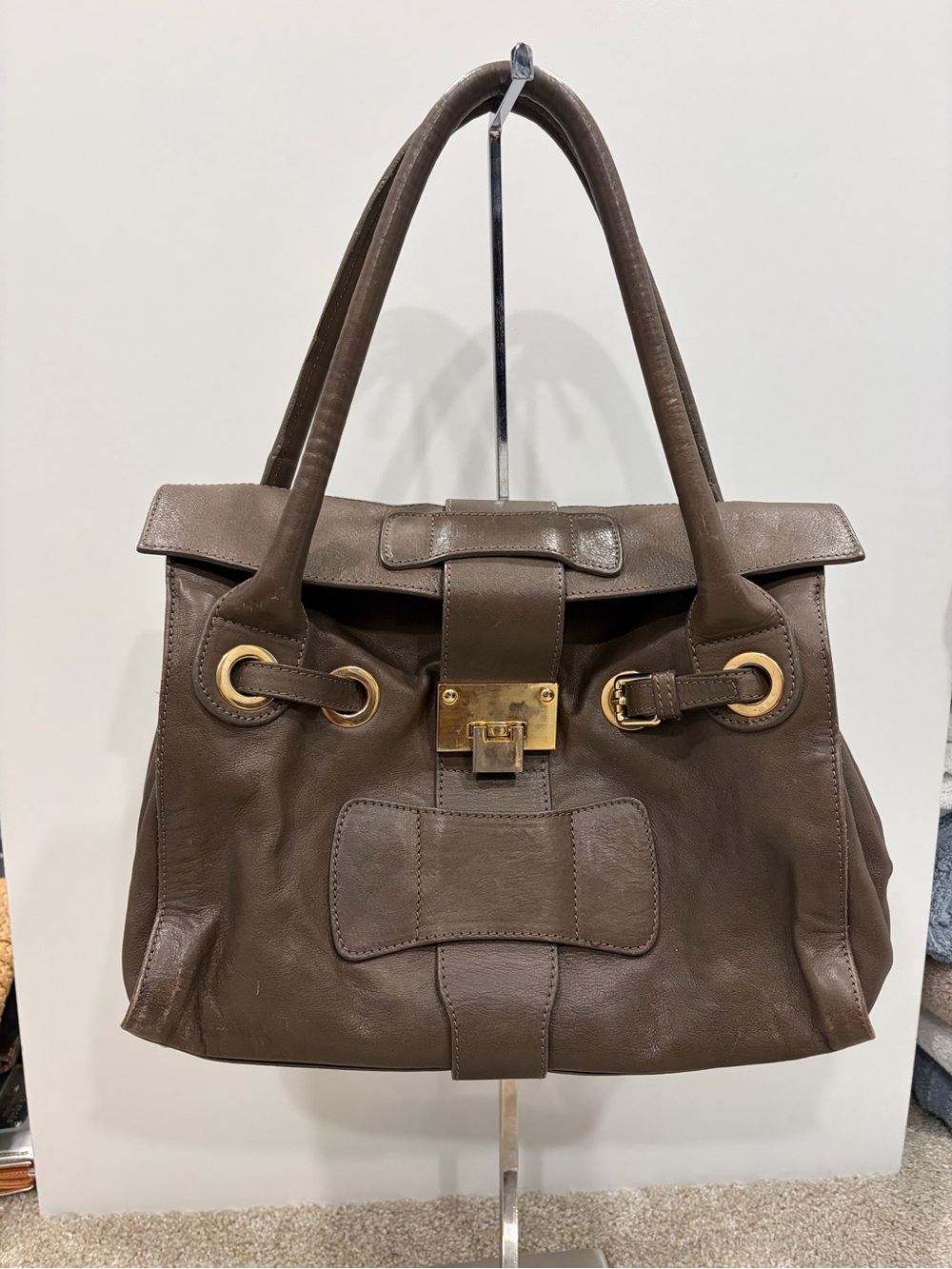 Alberta Di Canio Brown Leather Top-Handle Satchel with Gold Hardware